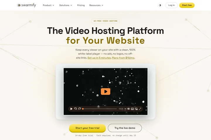 The Swarmify home page: the words The video hosting platform for your website above a dark video player in a browser frame