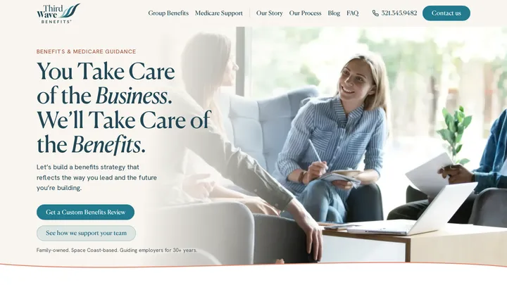 The ThirdWave Benefits home page: a woman at a laptop beside the words You take care of the business, we'll take care of the benefits, over a row of service links
